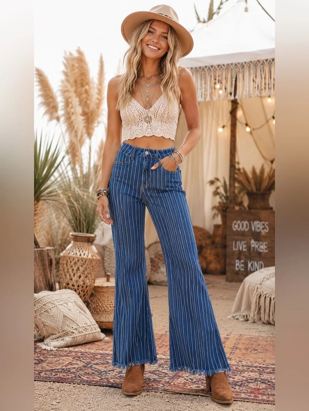 Cello Blue Pinstripe Flare Leg Jeans